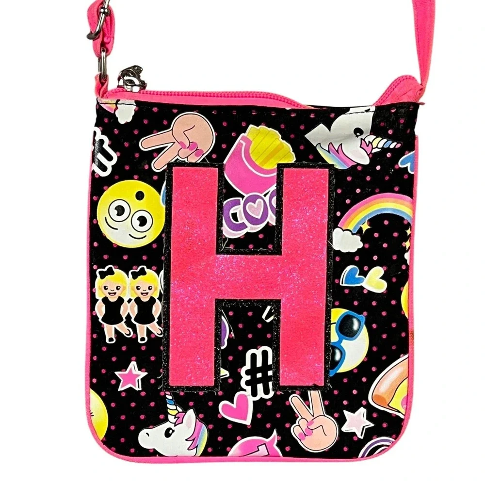 Justice Girls Crossbody Bag Initial H Emoji Polka Dot Black Pink Glitter Purse